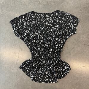 Vintage Y2k Sheer Black White Floral Cinch Waist Women's Blouse Small